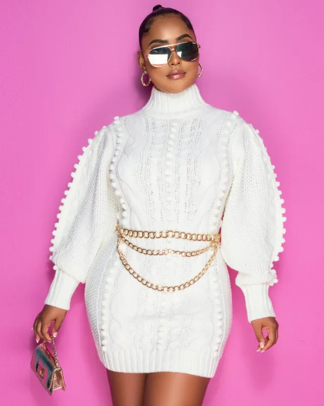 Masika Ivory  Cable Knit Gold Link Belt Sweater Dress sold by Chic Couture