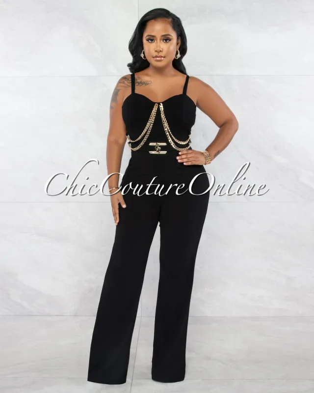 *Nolanie Black Gold Link & Buckle Accent Jumpsuit sold by Chic Couture