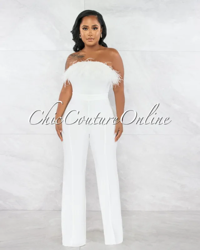 *Concetta Off-White Feather Neckline Strapless Jumpsuit sold by Chic Couture