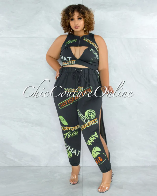 *Brodie Grey Graffiti Print Crop Top and Jogger Slit Pants Set sold by Chic Couture