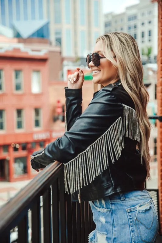 BuddyLove Rife Crystal Fringe Vegan Leather Jacket - Black sold by Buddy Love