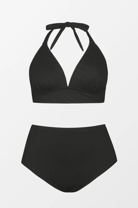 Jacquard Halter Triangle & Retro High Waist Bikini Set sold by Cupshe