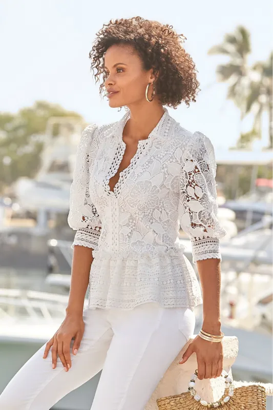 Puff Sleeve Collared Lace Peplum Blouse White sold by Boston Proper