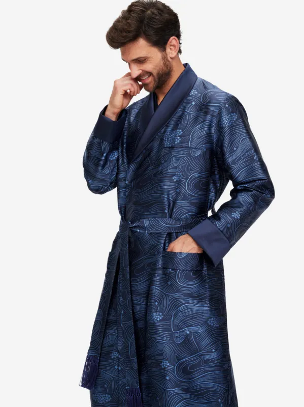 Men's Dressing Gown Verona 58 Silk Jacquard Navy sold by Derek Rose