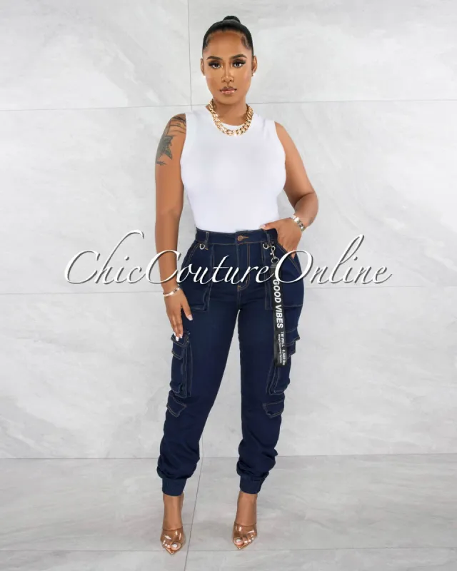 *Peter Dark Denim Black Strap Keychain Cargo Jogger Jeans sold by Chic Couture