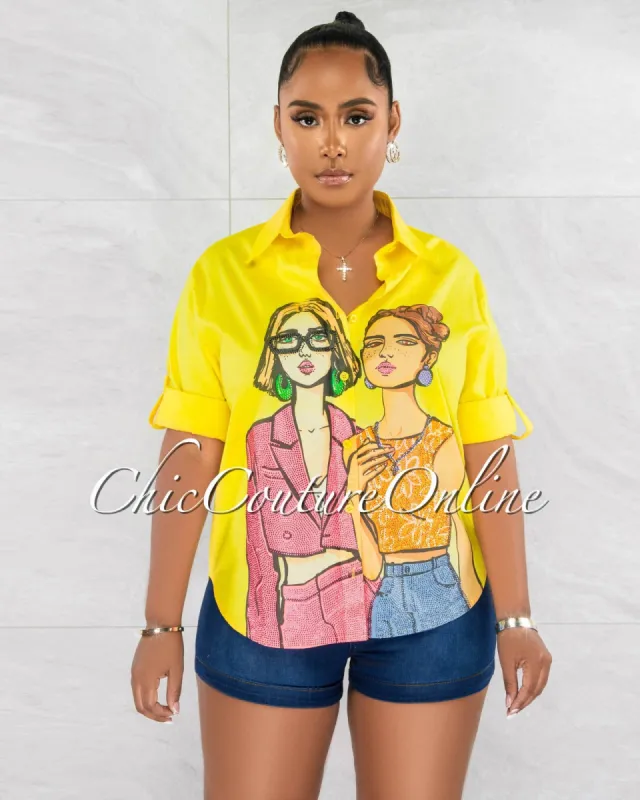 Cathy Yellow Graphic Rhinestones Detail Over-Sized Shirt sold by chic
