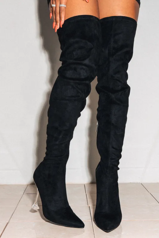 Estele Clear Pointy Toe Thigh High Boots - Black sold by Cape Robbin