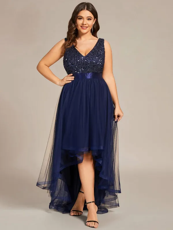 ever CALLIE|Custom Size Sequin Sleeveless Ribbon Waist Tulle High Low Evening Dress sold by Ever Pretty