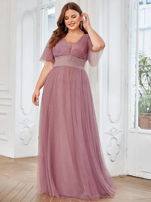 Plus Size Pleated A-Line Short Sleeve Double V-Neck Tulle
