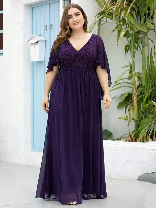 Plus Size Deep V Neck Lace Bodice Long Flowy Evening Dress sold by Ever Pretty