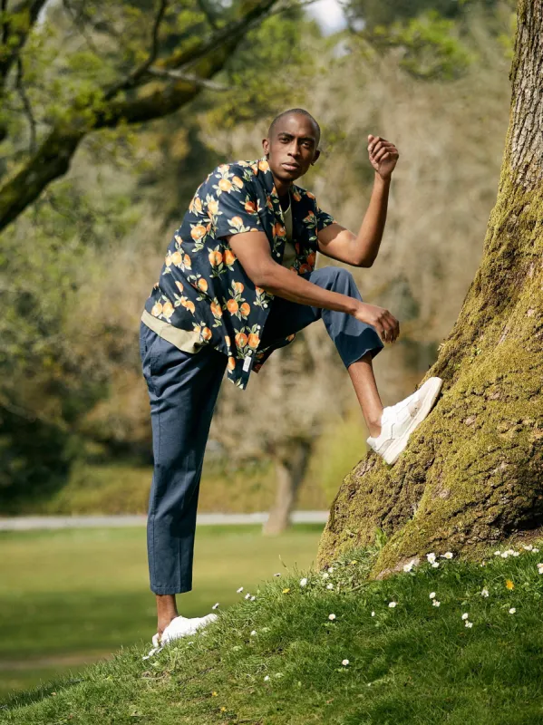 The Tropical Print Resort Shirt in Deep Blue sold by Frank & Oak