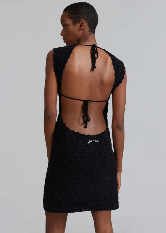 GANNI Velvet Crochet Open Back Mini Dress - Black | Parallel