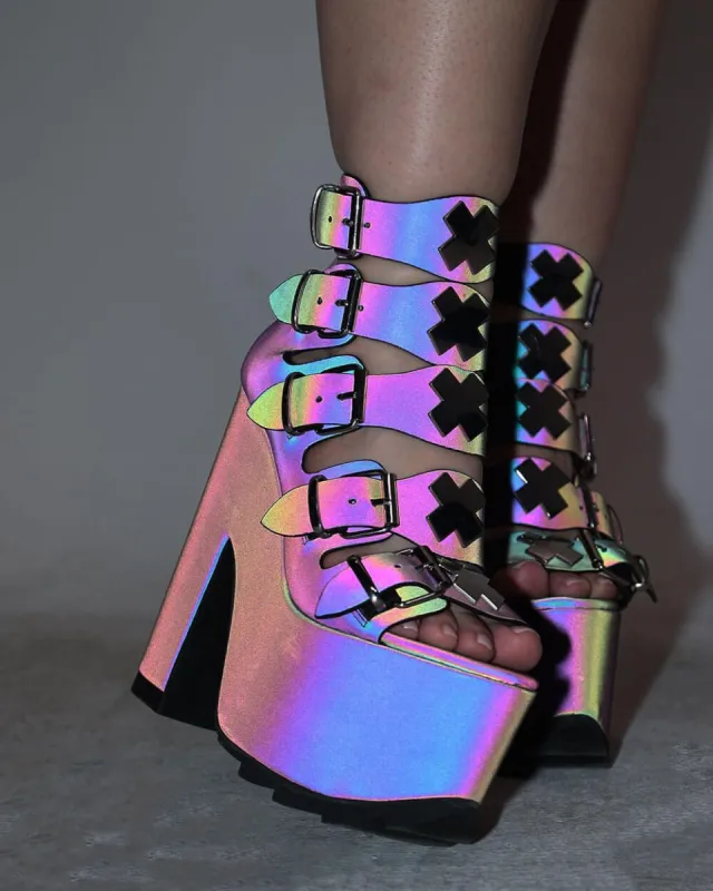 YRU Dreamscape X YRU Rainbow Reflective Platform Heels sold by iHeartRaves