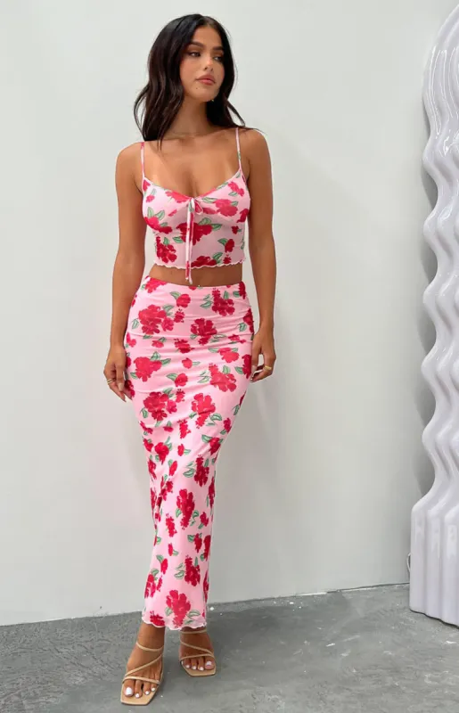 Emz Pink Floral Mesh Midi Skirt sold by Beginning Boutique