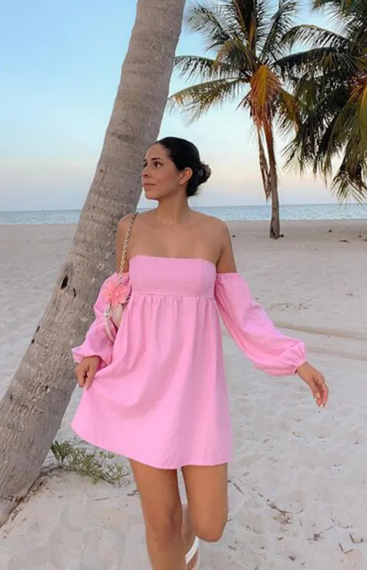 Koa Pink Off Shoulder Linen Mini Dress sold by Beginning Boutique