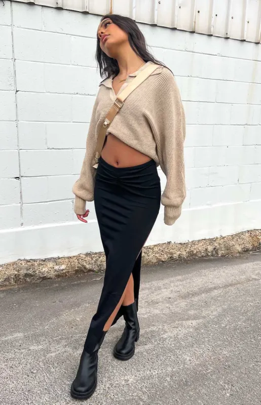 Sara Black Knit Midi Skirt sold by Beginning Boutique