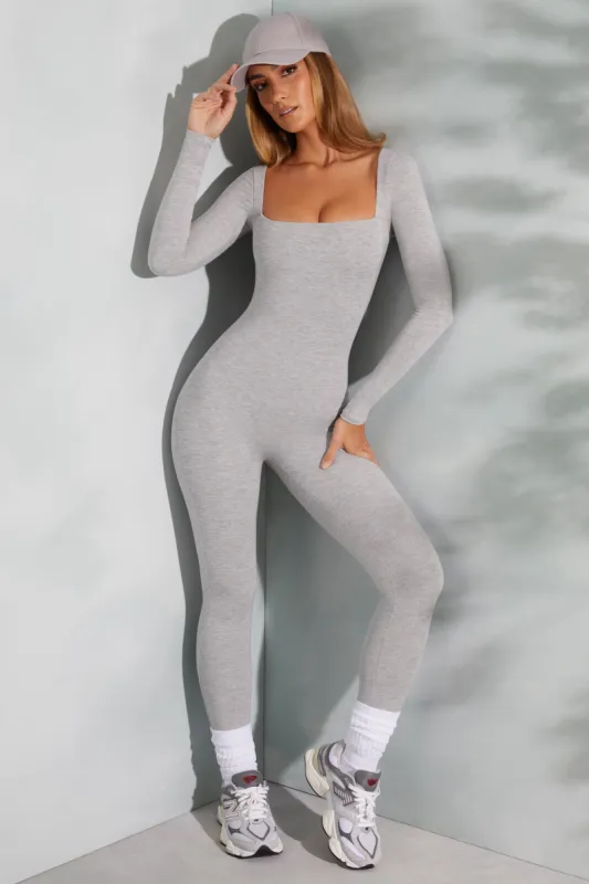 Square Neck Long Sleeve Jumpsuit in Marled Grey sold by Oh Polly