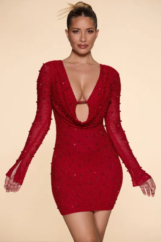 Long Sleeve Deep Plunge Mini Dress in Red sold by Oh Polly