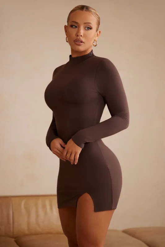 High Neck Long Sleeve Mini Dress in Chocolate sold by Oh Polly