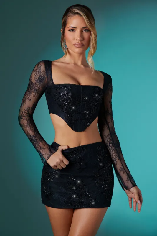Embellished Lace Bodycon Mini Skirt in Black sold by Oh Polly