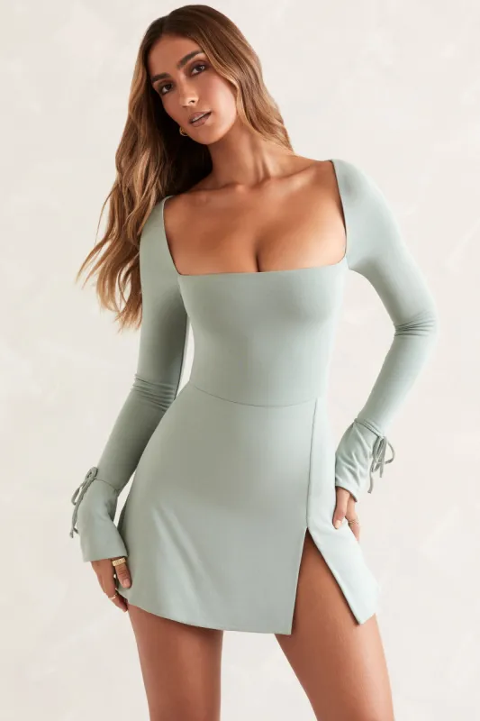 Square Neck Long Sleeve Mini Dress in Sage | Parallel