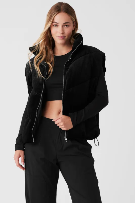 Ribbed Velour Mountain Side Puffer Vest - Black sold by Alo Yoga