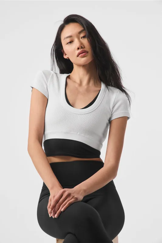 Seamless Ribbed Cropped Serene Short Sleeve - White sold by Alo Yoga