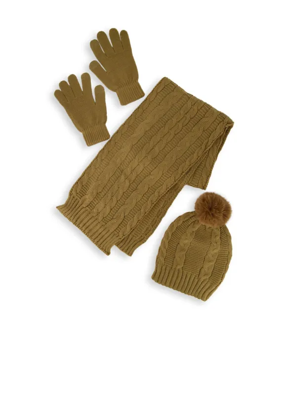 Cable Knit Pom Pom Beanie and Scarf with Gloves sold by Rainbow
