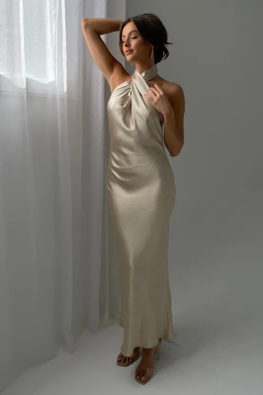 Laura Halter Satin Gown - Gold sold by Meshki