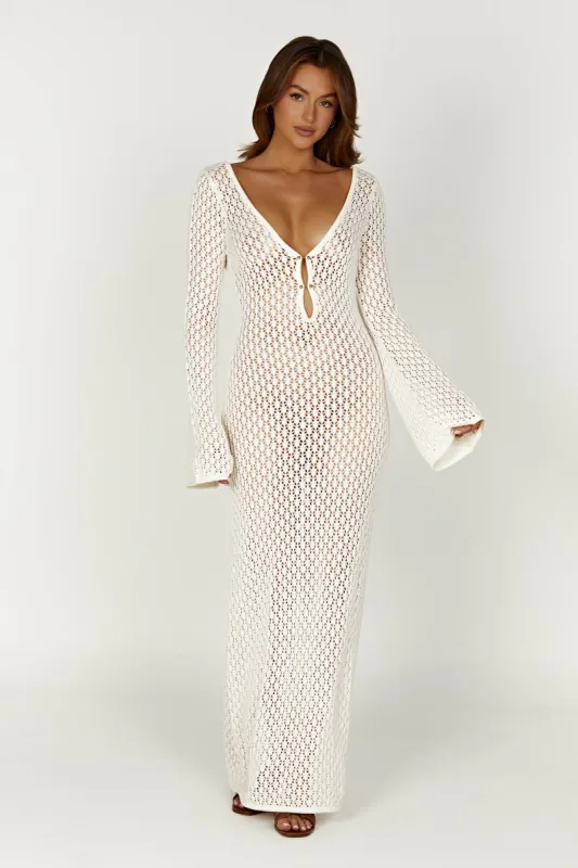 Kayleigh Crochet Fishtail Flare Sleeve Maxi Dress - White sold by Meshki