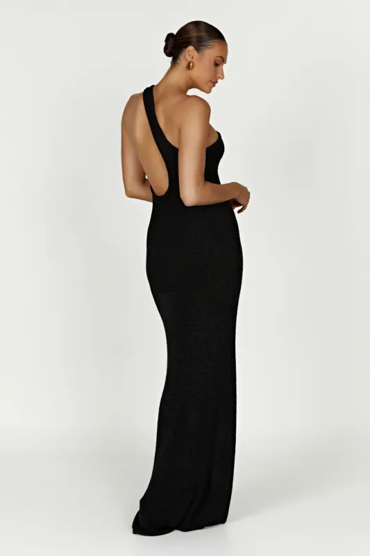 パーティードレス One Shoulder Beaded Stretch Gown in Black Black One Shoulder Fitted Crushed Gown 38240 | Jovani