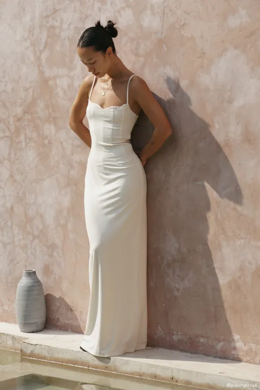 Amorette Lace Trim Maxi Dress - Bone sold by Meshki