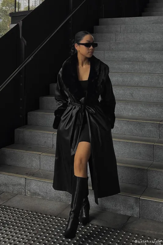 Rebekah Oversized Pu Trench Coat With Fur Trim - Black sold by Meshki