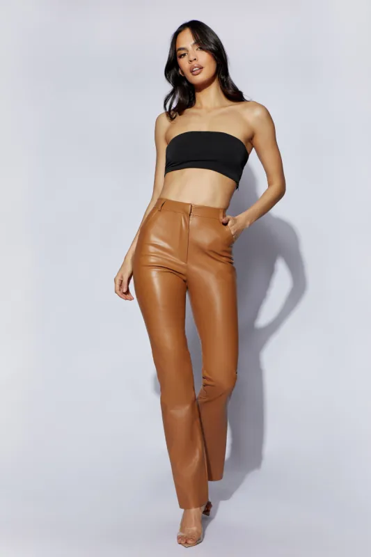 Tyra Straight Leg Faux Leather Pants - Dark Tan sold by Meshki