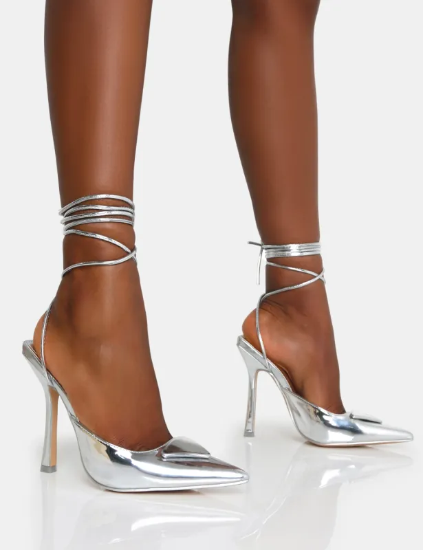 Vada Silver Mirror Slingback Lace Up Pointed Court Stiletto Heels sold by Public Desire