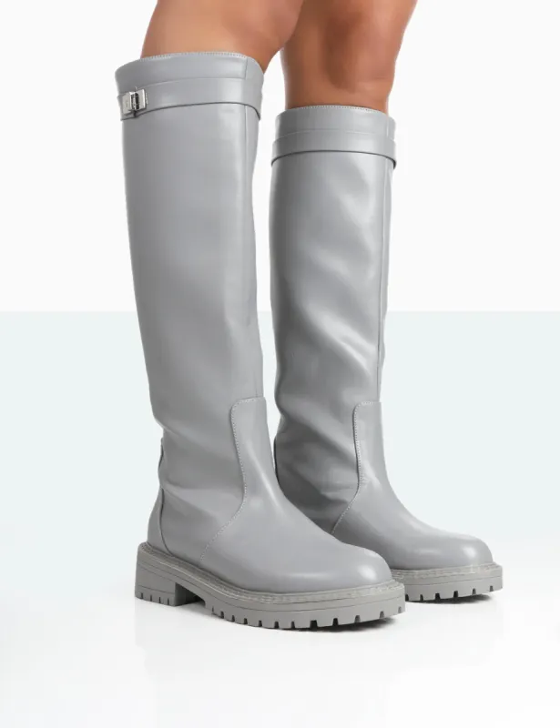 More Fun Wide Fit Grey Pu Round Toe Chunky Sole Knee High Boots sold by Public Desire