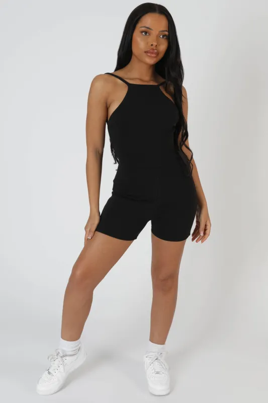 Racer Low Back Ribbed Unitard Jumpsuit Black sold by Public Desire