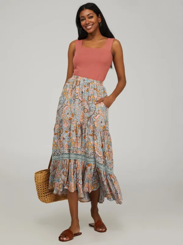 Printed High-Low Skirt With Crochet Detail sold by Suzy Shier