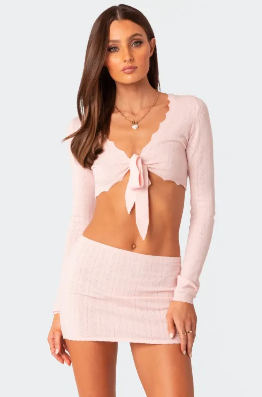 Pointelle Tie Front Knit Crop Top sold by Edikted