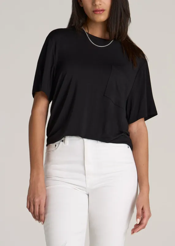 Short-Sleeve Oversized Crewneck Pocket T-Shirt for Tall Women in Black sold by American Tall