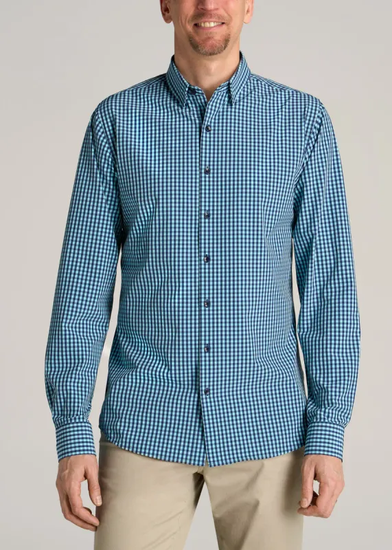 Traveler Stretch Dress Shirt for Tall Men in Teal Gingham sold by American Tall
