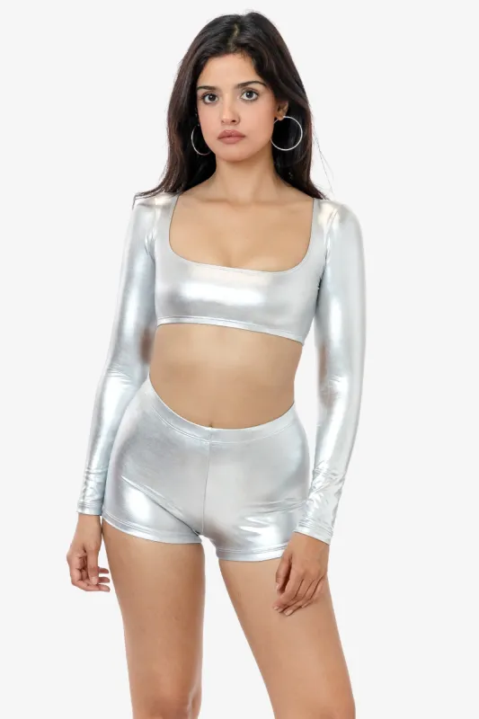 RLA387 - Lamé Squareneck Long Sleeve Micro Crop Top sold by los angeles apparel