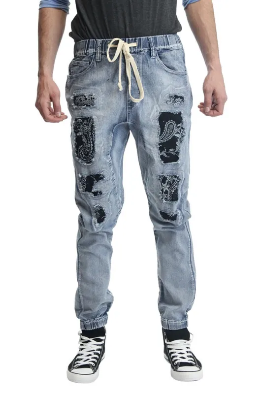 Paisley Distressed Denim Jogger Pants sold by G-Style USA