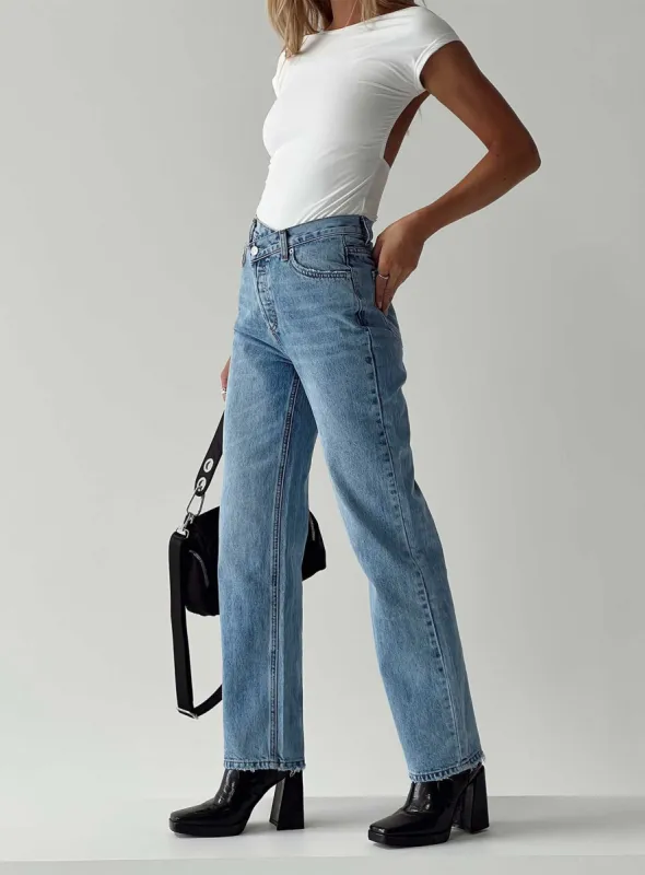 Holly Asymmetric Straight Leg Jean Light Wash Denim Lower Impact sold by Princess Polly