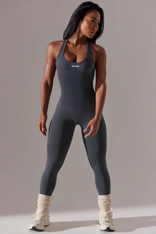 Full Length Cut Out Back Unitard in Grey sold by Bo + Tee