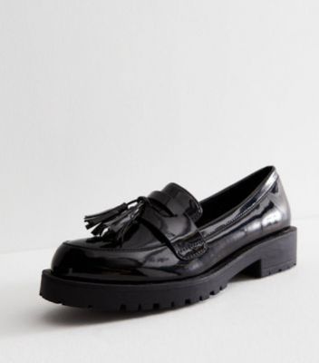 Black Patent Tassel Chunky Loafers sold by New Look