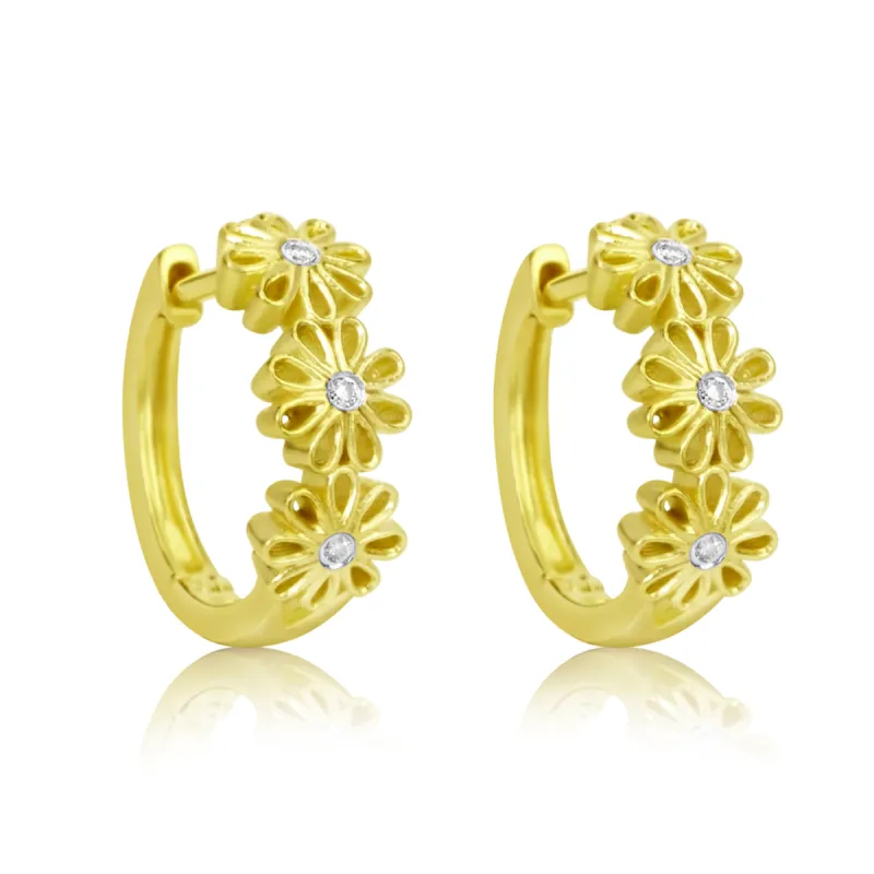 Yellow Gold Flower and Diamond Huggies sold by Meira T