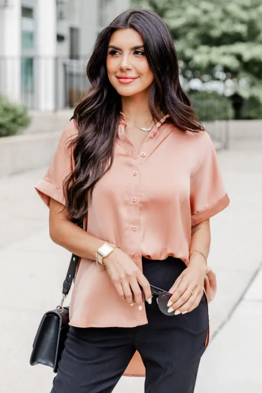 I Need More Terracotta Satin Button Front Short Sleeve Blouse FINAL SALE sold by Pink Lily