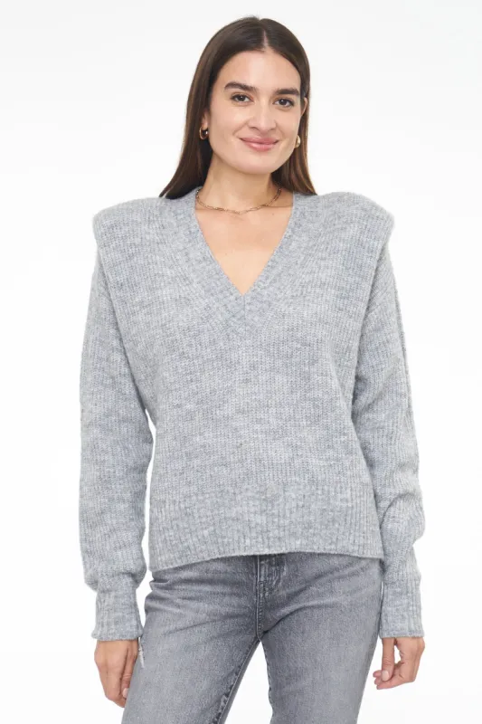Camille V Neck Shoulder Pad Sweater - Heather Grey sold by pistola