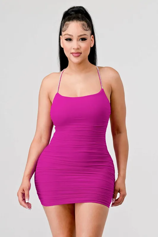 RHINESTONE STRAP MESH CROSS BACK RUCHED MINI DRESS sold by privy